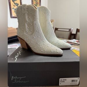 Betsey Johnson Cream Pearl Embellished Heeled Boots
